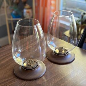 Vintage hurricane glass and wood candleholders